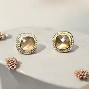 Signed Anna Beck Rosy Peach Cushion-Cut Stud Earrings 925 & Gold ~Dot Band